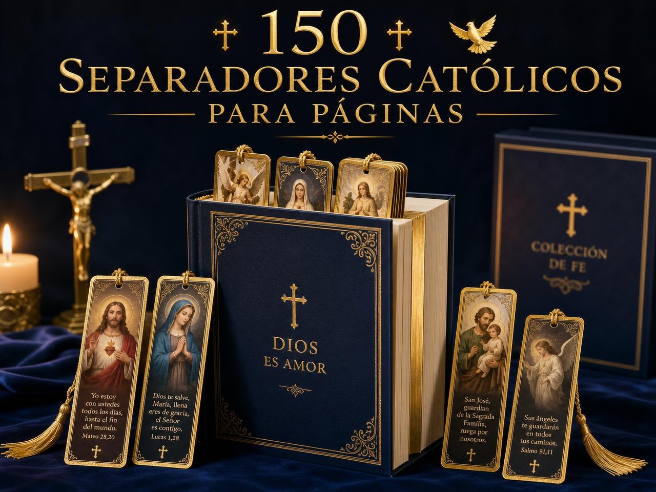 150 Separadores Católicos para páginas listos para imprimir junto a una Biblia abierta